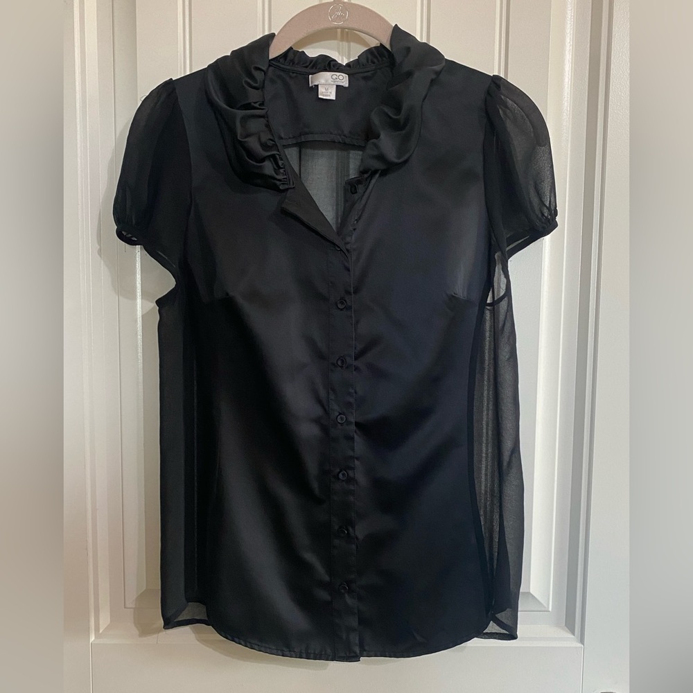 INC International Concepts Black Sheer Ruffle Blouse
